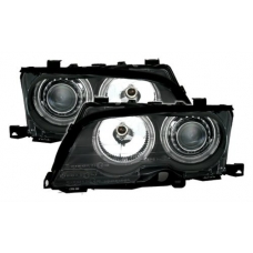 BMW E46 kupejas/kabrio (01-03) priekšējie lukturi, eņģeļ acis, melni